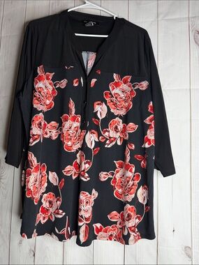 Elie Mccarthy Floral Button-Front Black & Red Women's Tunic Top 2xl -1185